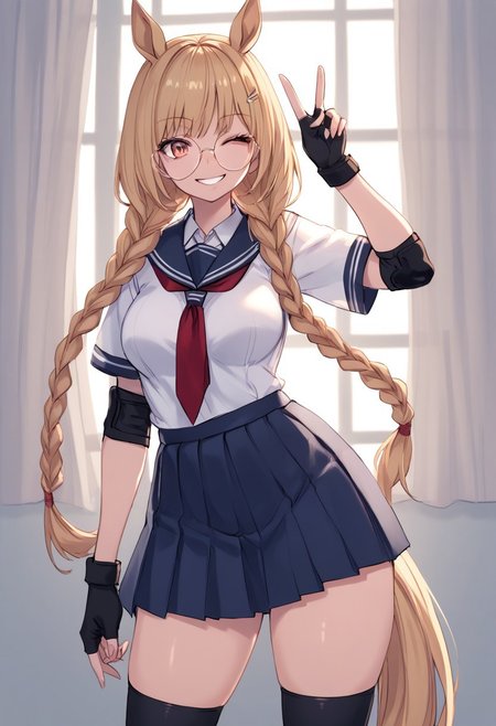 score_9, score_8_up, score_7_up, score_6_up, solo, source_cartoon, 1girl, looking at viewer, round eyewear, blond hair, long twintail braids, horse ears, horse tail, white school uniform, skirt, knee and elbow pads, fingerless gloves, holding flip phone, medium breasts, mid movement, dynamic pose, absurdres, winking, peace, cowboy shot