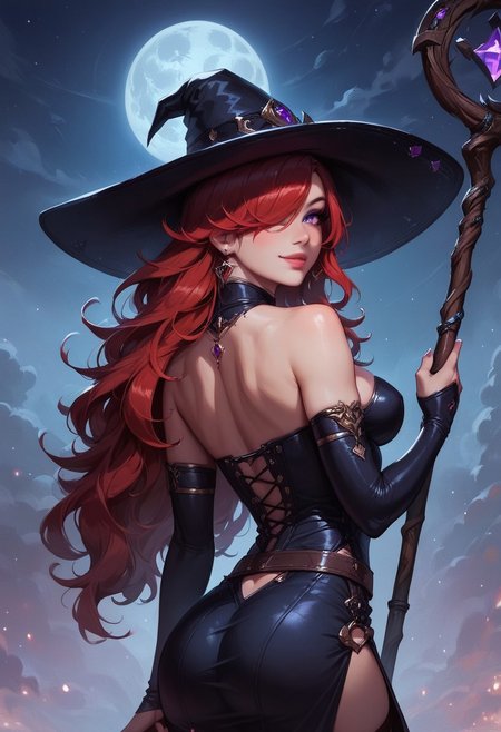 1girl, illustration, looking at viewer, highly detailed, looking at viewer, 1girl, masterpiece, best quality, ((((back view)))), source_photo, source_real, 1girl, solo, long hair, breasts, looking at viewer, witch skirt, witch hat, red hair, thighhighs, jewelry, purple eyes,  belt, necklace, mole, lips,  wavy hair, side slit, long skirt, realistic, long legs, curvy hips, detailed eyes,  eye_focus, close-up, solo, looking_at_viewer,
BREAK
slight smile, looking at viewer, ((a staff with a luminous top:1.3))
long hair, red hair, hair over one eye, big hair, BREAK
best quality, depth of field, bokeh, (((full clothed)))
BREAK 
((night, outdoors, sky, full moon background)) score_9, score_8_up, score_7_up, score_6_up, source_cartoon, rating_explicit, Expressiveh, ((((upper body))))), dynamic pose, dynamic pose