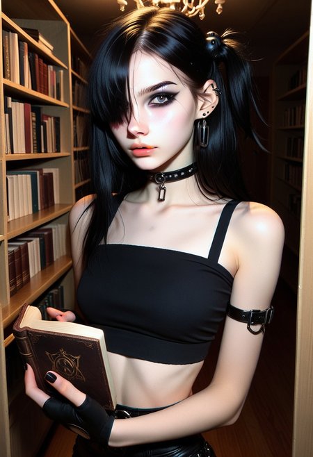 score_9, score_8_up, score_7_up, score_6_up, 
1girl, 25 years old, AMFL, low key, high exposure, girl in the library, portrait, 
black eyes, looking at viewer, ear piercing, makeup, eyeliner, eyeshadow,
black hair, long hair, one side up, hair over one eye, hair ornament, piercing, 
goth fashion, black choker,
crop top, bare shoulders, 
fingerless gloves, fingerless gloves, 
blush, shy, 
book, holding book, 
night, dark theme