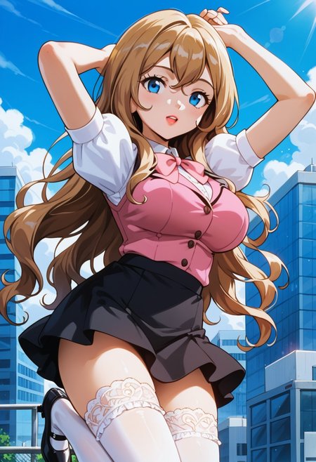 score_9, score_8_up, score_7_up, score_6_up, source_anime, <lora:PMSerena:0.8>, PMSerena, 1girl, very long hair, blonde hair, hair between eyes, bangs, blue eyes, lipstick, large breasts,
office uniform, puffy short sleeves, white thighhighs, lacy thighhighs, pink bowtie, white shirt, pink vest, black skirt, frilly skirt, black shoes, 
arms up, open mouth, looking at viewer, 
BREAK office, blue sky, day, outdoors, sunlight,
