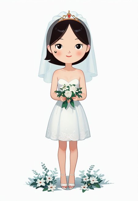 zPDXL3, source_cartoon, Perfect Hands, full body, 1girl, solo, saoirse, black hair, black eyes, blush, short hair, smile, Red Lipstick Full body, barefoot, Perfect Hands, perfect barefoot, perfect Small flat chest natural breasts; Wedding dress, Wedding veil, Golden tiara, white high heels sandals, white background looking at viewer,