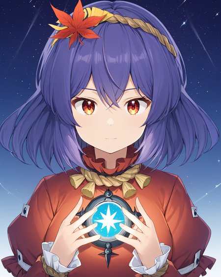 yasaka kanako,1girl, solo, white_background, mirror, looking_at_viewer, simple_background, upper_body, shimenawa, sparkle, own_hands_together, leaf_hair_ornament, long_sleeves, red_shirt, short_sleeves
<lora:yasaka_kanako_image2545_2023-12-20-000010:1>,star-shaped_pupils,symbol-shaped_pupils,. gorgeous,key visual, vibrant, studio anime,award-winning, professional, highly detailed,high budget, cinemascope
