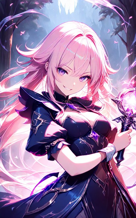 evil witch,dark forest,holding magic wand,glowing wand,eerie smile,grin,messy long hair,dramatic lighting,cinematic shot,looking at viewer,magical mist,detailed face,fantasy setting,dark ambiance,(best quality:1.1),(masterpiece:2),(illustration, 8k CG, extremely detailed),ultra-detailed,Cinematic Lighting,<lora:detailed_notrigger:1>,<lora:xl_more_art-full_v1:0.8>,CivChan,purple eyes,pink hair,<lora:civichan-base-01-XL>,
