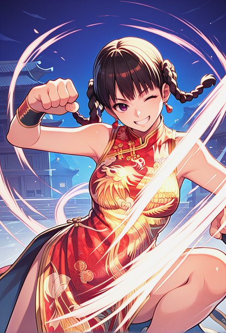 score_9, score_8_up, score_7_up,  anime,
1girl, 
 <lora:Leifang_Pony_v16:1.0> lfchinadress, china dress, earrings, twin braids, 
dynamic pose, fighting stance, looking at viewer, smile, one eye closed,
court