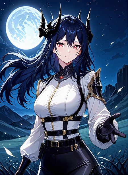 <lora:Caera_Denoir__The_Beginning_After_the_End__Illustrious (1):1>
Caera Denoir, 1girl, solo,dark blue hair, long hair, intricate demon horns, red eyes, tight white blouse with golden buttons, , high-waisted black fitted pants, black gloves, black high-heeled boots, gothic armored shoulder pad, 
score_9, score_8_up, score_7_up, very aesthetic, source_anime, detailed, high quality, beautiful, masterpiece, detailed eyes, field, blurry background, pose dynamic angle, upper body, cowboy shot, light smile, looking back, reaching out, floating hair, looking at viewer, night, blue moon