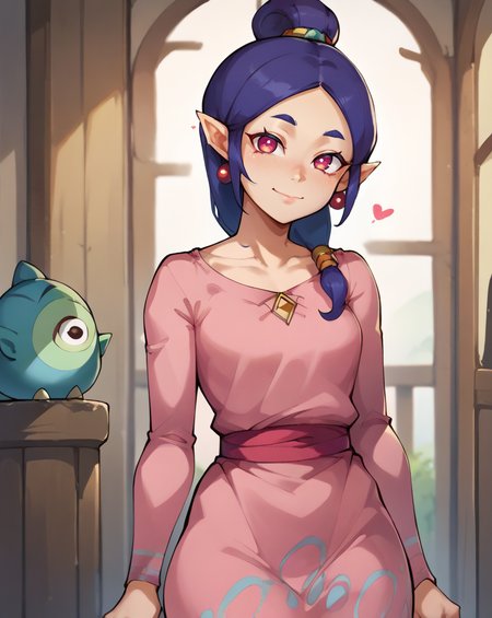 score_9, score_8_up, score_7_up, 2d, Sue Belle, woman , pink dress, looking at viewer, vedrooom,   <lora:Sue Belle Pony-000045:1> Cell-Shaded Graphics - "The Legend of Zelda: The Wind Waker"