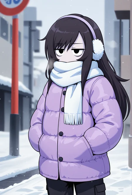 masterpiece,best quality,amazing quality, <lora:rosemary_cabronpr_noob_vpred_v1.1f:0.7> rosemary, 1girl, solo, black eyes, no nose, long hair, bags under eyes, jitome, earmuffs BREAK
(depth of field:1.3), purple coat, winter coat, puffy jacket, white scarf, scarf over mouth, black pants, cargo pants, winter, snow, urban