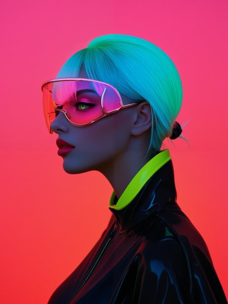 embedding:Stable_Yogis_PDXL_Positives2,  facelistic, realism, plump lips, puckered lips, gradient, Futuristic glasses, helmet glasses, glowing eyes, neon green eyes, synthwave style, 1girl, colored skin, pink background, profile, red background, red sky, simple background, solo