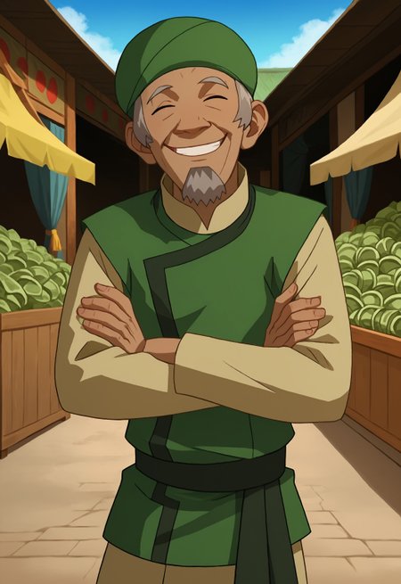safe_pos, safe_pos, score_9, score_8_up, rating_nsfw, ultra hd, absurdres, best quality, best aesthetic, masculine, solo, 1boy, male focus, perfect proportions, erotic, mature male, coloured, hands with five fingers,

AvatarCabbage, hat, green headwear, facial hair, old man, grey hair, long sleeves, Expressiveh, WolfConF, spreading arms, showing off, cabbage stall, cabbages, market background, happy, smiling, detailed face, grey facial hair, money dropping from sky