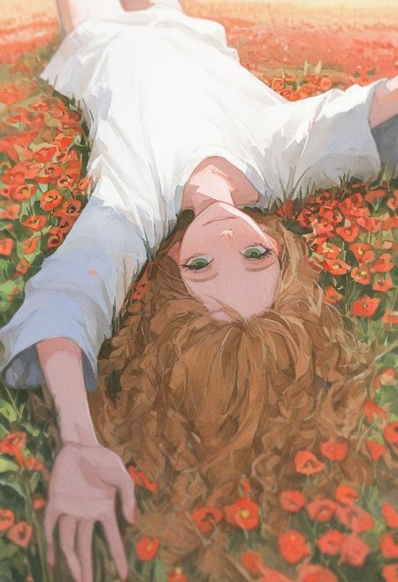 masterpiece, best quality, amazing quality, soft lighting, chiaroscuro, textured surfaces, depth of field, dramatic shadows, 
1girl, green eyes,  redhead, ((solo)), braids, white oversized t shirt, lying on back, looking at viewer, reaching, reaching towards viewer, long hair, smile, solo, upside-down, outdoors, field, red poppies, morning light, watercolor,69yottea_style_illu