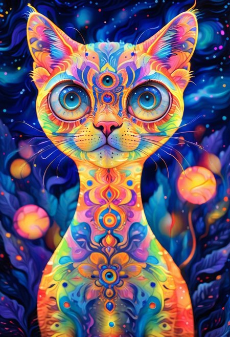 Radiant, big-eyed cat at night, abstract art by Anne Truitt, Synthetism, psychedelic colors, psychadelicchaos, psychadelic, sharp focus, highly intricate, full color, confident, intricate artistic color, handsome