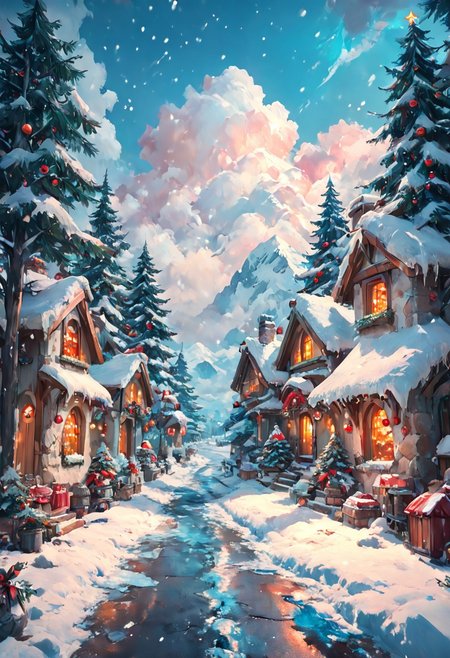 Score_9, Score_8, Score_7, FF Christmas Painting Style,  outdoors, sky, day, cloud, blue sky, tree, night, building, scenery, christmas, snow, lantern, snowing, mountain, road, house, winter, christmas tree, lamppost, christmas ornaments, pine tree