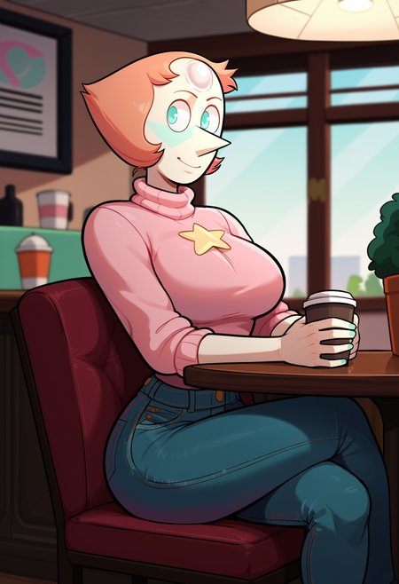 score_9, score_8_up, score_7_up, score_6_up, score_5_up, score_4_up,
BREAK
pearl \(steven universe\), 1girl, blue eyes, orange hair, pearl on forehead, pale skin,
BREAK
front view, solo, clothed, pink knit sweater, sweater tucked in, ((pale jeans)), toned, big breasts, wide hips, sitting on chair, elbows on table, crossed legs,
BREAK
cafe, indoors, furniture, round table, coffee cup, sunny, <lora:incase---1:0.8>, <lora:Pearl_PDXL:0.6>,