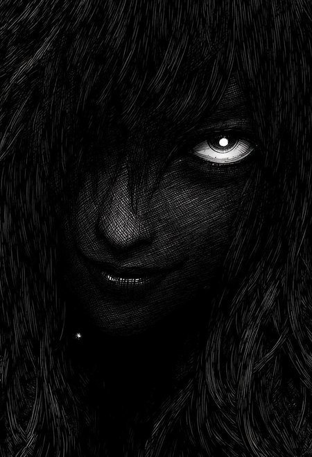 nistyle, monochrome Manga Sketch, extreme head Closeup, a dark ethereal womans black billowing hair, Killing Gaze smile, eerie, Shrouded in darkness, shaded eyes, Low angle View, hyperdetailed manga sketch style, with bleached vibrant colorful neon color Highlights, grey, and white color grading.