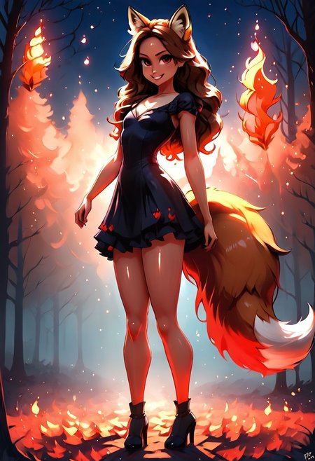 (1girl:2.0), dark brown hair, colorful, very high quality, perfect, (insane details:1.3), (dark brown fox ears and three fox tails:1.5), (3 fox tails:1.5), HDR, UHD, 64K, highly detailed, (magically hovering red flame above hand:1.3), (tip of tails covered in red flames:1.3), (tip of tails engulfed in red flames1.3), (night sky:1.4), (dark forest:1.4), (looks tough:1.3), (wearing red and black dress:1.2), (no flames everywhere:1.4), (human:1.5), (high quality:1.5), (pretty:1.5), revealing dress, score_9, score_8_up, score_8, score_9, 1girl, miniature,  
small chest, petite body, showing lots of skin, very sexy, very cute, long legs, shiny skin, dark brown hair, red eyes,
volumetric lighting, cinematic lighting