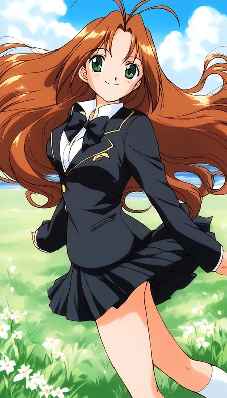 score_9, score_8_up, score_7_up, source_anime, rating_explicit, BREAK <lora:Tanima_Yuri_XL:1>Tanima_Yuri, 1girl, solo, long hair, brown hair, green eyes, antenna hair, breasts, 1990s (style), smile,
smile,looking at viewer, cowboy_Shot,
skirt, mary janes, black sleeves,  black ribbon.
standing, pleated skirt, looking at viewer, black skirt, smile, 
miniskirt, school uniform, bow, black jacket,  bowtie,
grass, sky, day,