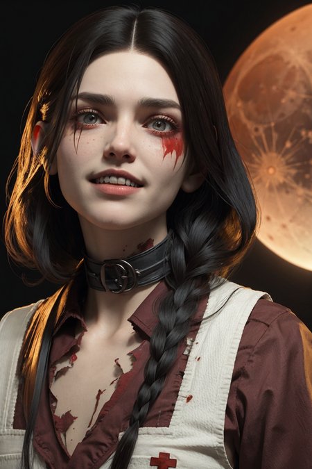 scary vampire nurse. blood moon. volumetric light. pointy teeth. bloody face. overalldetail-detail_++_-_overall_detail , kkw-skin-det-all_checkpoint_skin_detail_-_skin_detail_v1.0, <lora:hipoly_3dcg_v7-epoch:0.7>