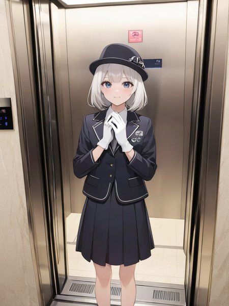 masterpiece,ultra-detailed,best quality,8K,illustration,cute face,clean skin ,shiny hair,girl,ultra-detailed-eyes,simple background, <lora:add-detail-xl:1>  <lora:elevator girl_XL_V1.0:0.8> elevator girl, hat, gloves, skirt, elevator, jacket