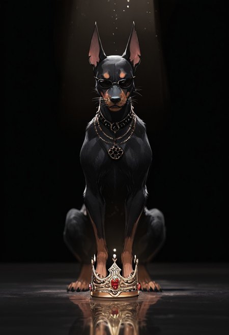 (best quality, 8K, high resolution, masterpiece), BREAK
ultra detailed, (3D CGI), hyper-realistic, cinematic lighting, dramatic shadows, finely textured fur, regal and expressive, small mouse, majestic golden crown, intricate engravings, tiny embedded gemstones, delicate whiskers catching the light, confident posture, black sunglasses, reflecting ambient light, trendy and fashionable aesthetic, BREAK
sleek silver and black stylized angry muscle Doberman, imposing stance, sharp angular features, intense gaze, deep black background, high contrast, countryside advertising aesthetic, subtle depth of field, BREAK
moody and professional studio lighting, award-winning composition, perfectly framed, sharp focus on textures and reflections, high dynamic range, luxury-themed concept, photorealistic fur, metallic details, artistic and modern presentation. gbf_style, ma1ma1helmes_b_illu,sketch