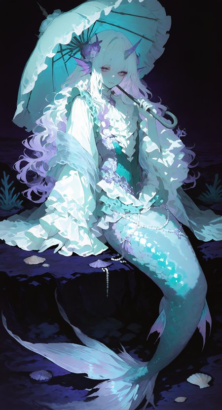 masterpiece, best quality, Good quality, very aesthetic, absurdres, newest, solo, long hair, looking at viewer, long sleeves, 1boy, dress, holding, closed mouth, purple eyes, full body, white hair, purple hair, girl focus, multicolored hair, frills, horns, hand up, wide sleeves, white dress, gradient hair, colored skin, wavy hair, umbrella, frilled dress, frilled sleeves, monster girl, otoko no ko, single horn, purple background, crossdressing, shawl, fins, scales, mermaid, head fins, shell, Pastel green theme, monster boy, seashell, pearl \(gemstone\), merman, dark background, <lora:ponyv4_noob1_2_adamW-000017:0.7> <lora:748cmSDXL:1> <lora:GBF_Illustrious:0.6>