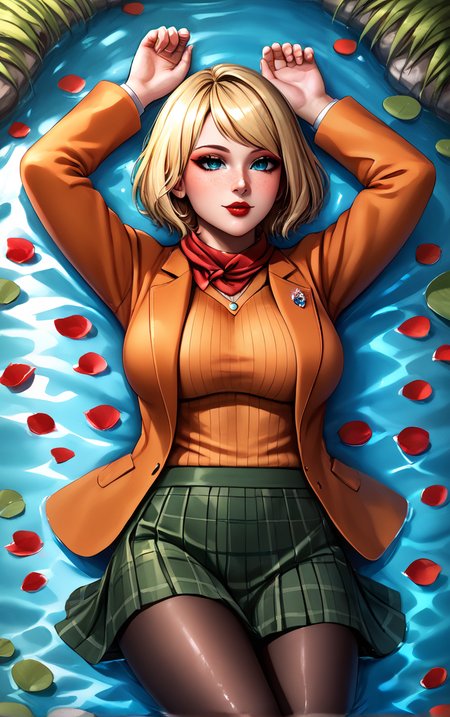 score_9, score_8_up, score_7_up, masterpiece, best quality, absurdres,  solo, BREAK
MainOutfit_Ashley_ownwaifu, 
1girl, blue eyes, short hair, blonde hair, lips, freckles, jewelry, bob cut, necklace, nose, bangs, large breasts, red lips, eyelashes, lipstick, makeup, 
red scarf, brown coat, orange sweater, ribbed sweater, black pantyhose, plaid skirt, green skirt, miniskirt, pleated skirt, turtleneck, blazer, long sleeves, orange jacket, open coat,
(arms up, partially submerged, lying, full body), petals on liquid, caustics, wet, looking at viewer, dappled sunlight,  outdoors,<lora:PONYXL_ResidentEvil4Remake_Ashley_ownwaifu:0.6>, depth of field