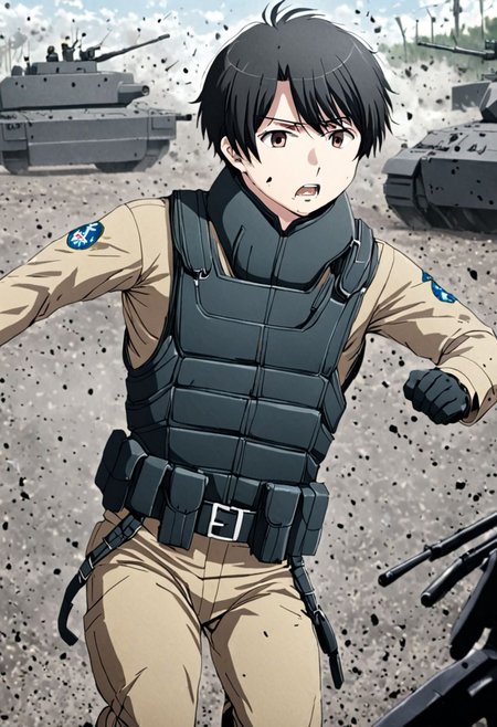 high resolution, solo, best quality, 1Boy, Inaho Kaizuka, Black Hair, military, action, OverallDetail