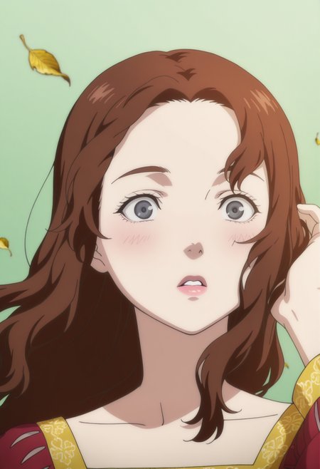 anime screencap, anime coloring,  <lora:DX888Charlotte:1> charlotte, grey eyes, brown hair, lips,,hair down, long hair,  BREAK simple background, green  background, BREAK  1girl, blush, falling leaves, hand in own hair, leaf, parted lips, solo, upper body, wide-eyed, wind, floating hair,