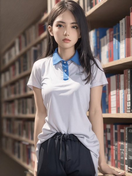 Best quality, masterpiece, ultra high res, RAW photo, (photorealistic:1.4), 1girl, <lora:cuteGirlMix4_v10:0.5> detailed face, cowboy shot, in (white shirt with blue collar, black sweatpant) <lora:SZuniform:0.4> (narrow waist:1.2), long hair, in the library, bokeh, beautiful lighting, model posing