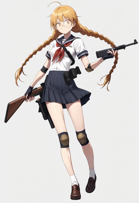 solo, 1girl, skinny, androgynous, looking at viewer, round eyewear, blond hair, long twintail braids, white school uniform, skirt, knee and elbow pads, fingerless gloves, holding flip phone, holstered rifle to the side, medium breast, mid movement, dynamic pose, smewed.