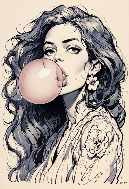 score_9, score_8_up, score_7_up, score_6_up, score_5_up, score_4_up,   <lora:1nksk3tchXLP2:0.8> 1nksk3tch, 1girl, sketch, flowers, curvy, lips blowing enormous gigantic bubblegum, extra long hair, flower earrings
