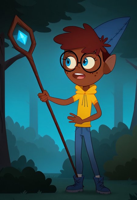 score_9, score_8_up, score_7_up, solo, 1girl, black glasses, reddish-brown hair, blue eyes, brown skin, freckles, , tiny_breast, outdoors, forest background, yellow wizard outfit,  holding magic staff, , perfect hands, glowing eyes, messy, blue cap, blue cloke,  dark blue jeans, and blue boots with brown trim , show accurate, perfect hands, perfect anatomy,