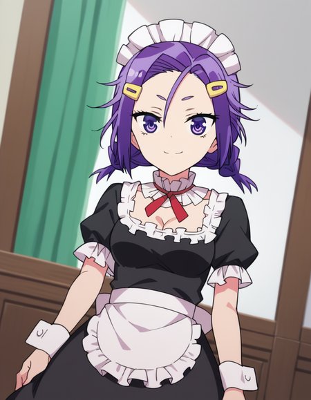 score_9, score_8_up, score_7_up, source_anime, <lora:asumi-kominami-s2-ponyxl-lora-nochekaiser:1>, asumi kominami, hair ornament, twintails, purple eyes, purple hair, hairclip, medium breasts,, cleavage, apron, wrist cuffs, maid, maid headdress, enmaided,, indoors, smile, looking at viewer, solo,, cowboy shot, dutch angle