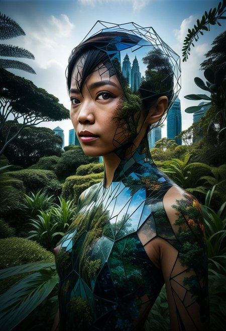 Close-up, mysterious silhouette of a singaporean woman, gardens by the bay in singapore, goddess, alluring, by Minjae Lee, Carne Griffiths, Emily Kell, Steve McCurry, Geoffroy Thoorens, Aaron Horkey, Jordan Grimmer, Greg Rutkowski, amazing depth, double exposure, surreal, geometric patterns, intricately detailed, bokeh,  perfect balanced, deep fine borders, artistic photorealism , smooth,  great masterwork by Suiras  <lora:add-detail-xl:2>  <lora:Double_Exposure:0.5>