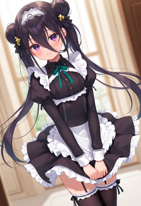 masterpiece, best quality, amazing quality, very aesthetic, high resolution, ultra-detailed, absurdres, newest, scenery,(depth of field:1.5),
(super fine illustration,professional quality,ultra high res), beautiful detailed eyes,
(high brightness),
break
shichiseiken_m_tkhk,
black hair, long hair, hair between eyes,  long bangs,
twintails, double bun,
star hair ornament,
unconventional maid, enmaided, wing collar, puffy long sleeves,
lace-trimmed hairband, frilled apron, ribbon,
frilled skirt, mini skirt, layered skirt,
black thighhighs, frilled thighhighs,
strappy heels,
small breasts,
1girl, 
blush, light smile,
(dutch angle:1.2), (cowboy shot:1.2),