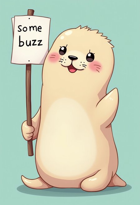 very cute seal holding a sign " some buzz  ", anime style
