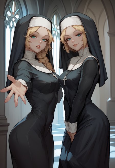 score_9,score_8_up,score_7_up, score_6_up, female, nun, dress, cowboy shot, standing, 2girls,from side, looking at viewer, twins,indoors, church, side-by-side, blurred background, black dress, 
BREAK 1girl, nun, habit, dress, medium breasts, single braid, hair over shoulder, blonde hair, parted lips, teeth, reaching towards viewer, reaching out,
BREAK ,
BREAK 1girl, nun, habit, dress, medium breasts, single braid, blonde hair, smirk, light smile, hand between legs, own hands together, v arms, overskirt,