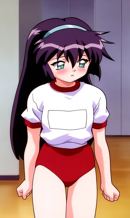 general,highres, ultra-detailed,very aesthetic,best quality ,best hands, BREAK  <lora:Amano_Misao_Pretty_Sammy_IS:1>
Amano_Misao, 1girl, solo, purple hair, long hair, bangs,  light blue hairband, green eyes,  hair between eyes, 
red buruma, retro artstyle, parted lips, shirt, name tag, indoors, looking to the side, white shirt, blush, standing, gym shirt, looking away, open mouth,