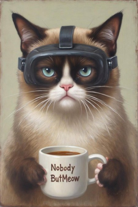 frankowensalisbury1 painting.
Grumpy Cat wearing a VR Headset, holding a coffee mug. The mug has the phrase "NobodyButMeow" printed <lora:frankowensalisbury1_cap_d8a4:1.0><lora:863252196567840486:0>