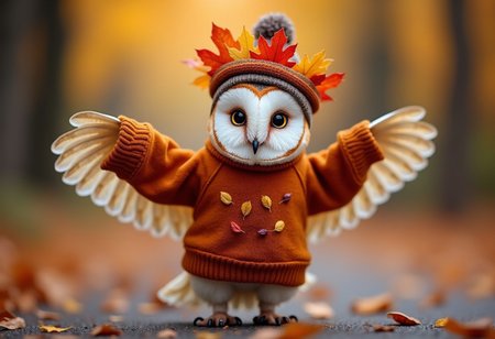 A professional photograph of a cute barn owl standing with its wings raised, wearing an autumn-themed outfit. The owl is dressed in a cozy sweater in deep orange hues, featuring an embroidered design of falling autumn leaves. On its head, the owl wears a whimsical hat made of autumn leaves in shades of gold, red, and brown, adding to the seasonal charm. The background showcases a soft autumnal setting with scattered leaves on the ground and trees with vibrant fall colors. The owl’s bright, expressive eyes and warm outfit create a playful, cozy autumn vibe.