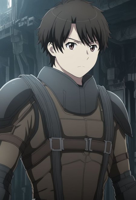 high resolution, solo, best quality, 1Boy, Inaho Kaizuka, Black Hair, Brown Eyes, dystopia, serious looking, armor, fantasy, OverallDetail