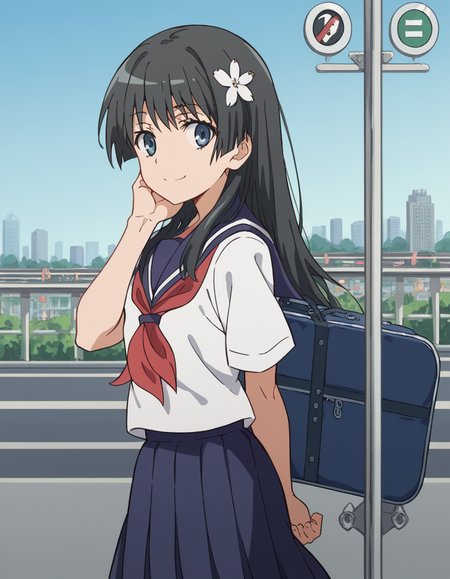 score_9, score_8_up, score_7_up, source_anime, <lora:saten-ruiko-s3-ponyxl-lora-nochekaiser:1>, saten ruiko, black hair, blue eyes, long hair, hair ornament, flower ornament,, blue skirt, pleated skirt, sakugawa school uniform, school uniform, serafuku, skirt, summer uniform,, train station, waiting for train, suitcase, traveling, commute, city skyline, hands behind back,, smile, , foot pointed, hand on chin, arm behind head, solo,, cowboy shot, dutch angle