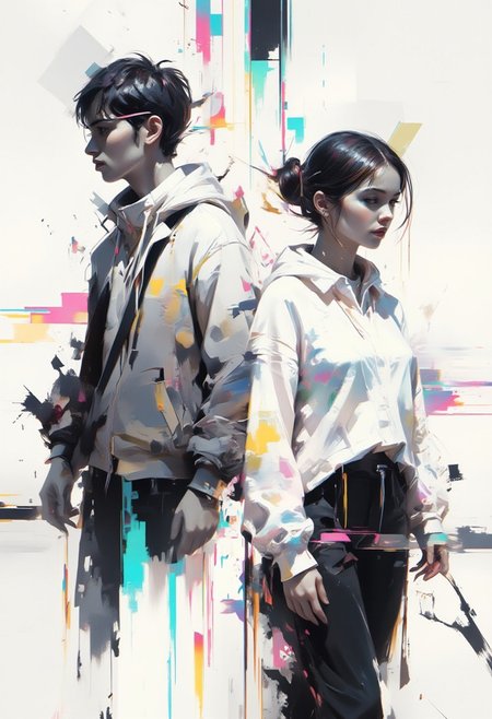 aidmaimageupgrader, male and female character framed by geometric shapes, glitchcore aesthetic, white space dominance, minimalist design, soft gradients, glowing holographic lines, fragmented glitch effects, subtle neon overlays, abstract symmetry, futuristic fashion with clean lines, muted color palette, digital distortion around edges, serene atmosphere, faded visual artifacts, worn textures, dreamlike holographic glow, delicate composition, degraded digital aesthetics, quiet focus, ethereal ambiance,pscho_4rt