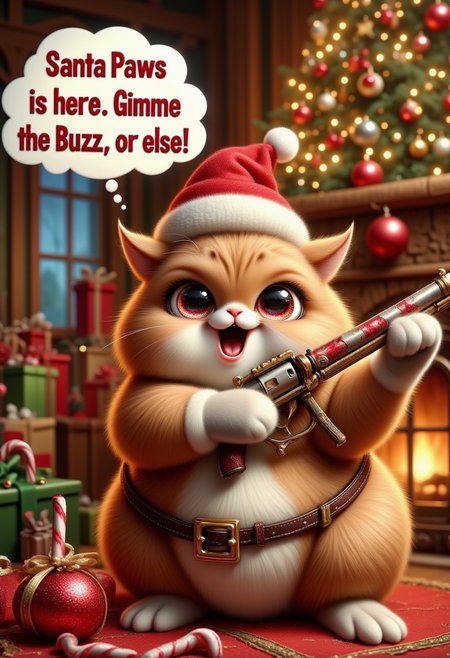 high quality, ultra detailed, A cute fat cat with a santa  hat holding a pistol made out of candy cane, menacing look pinkchibichristmas. Text bubble next to cat reads in christmas font "Santa Paws is here. Gimme the Buzz, or else!". Christmas tree in background, fireplace<lora:FLUX\Style\PinkieChibiChristmasFLUX.safetensors:1.0:1.0> <lora:FLUX\Enhancer\FluxDFaeTasticDetails.safetensors:0.7000000000000001:0.7000000000000001>