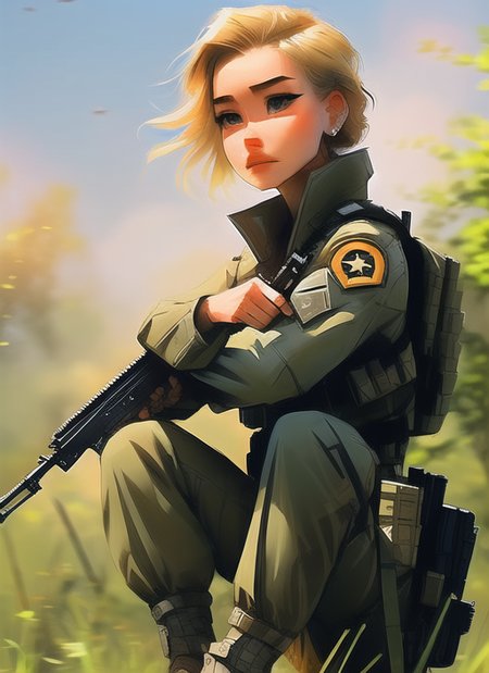 samdoesarts;  an image of woman with short blonde hair, with military gear, cargo pants, crouched, aiming (intricate), (detailed), digital art,  dynamic pose, in a battlefield forest