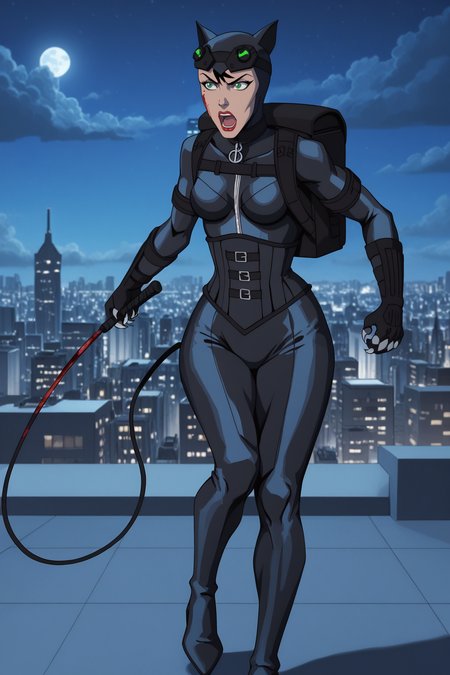 score_9, score_8_up, score_7_up, masterpiece, high quality, extreme detail, absurdres, (detailed skin texture) BREAK
 <lora:catwoman injusticemoviePonyLora:1>Ctwmninjust, black hair, green eyes, helmet, cat ears, goggles on head, collar, bodysuit, zipper, backpack, corset, armlet, gloves, claws, high heel boots, at night, dark sky, dark clouds, cityscape, rooftop, acrobatics, holding whip, angry, open mouth, blood on face, blood, dynamic pose, clenched hand,