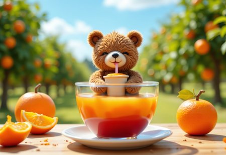 Cute bear doll sitting in large glass cup, brown bear, cup on table, bear drinking juice with paper cup and straw, eyes closed, smiling, smiling, childlike atmosphere, clay model image, orange grove, sunny, blue sky, sunshine, wide angle, 
aidmafluxpro1.1