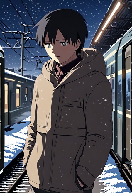 Highres, Masterpiece, High Quality, 4K, 8K, solo, 1Boy, Takaki Toono, adult, black hair, short hair, casual, snow jacket, train station, stuck train, blizzard, night, easynegative, detailed_eye_model