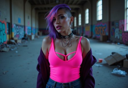 Neonpunk style adult beautiful woman, eyeliner, eyeshadow, makeup, iridescent lips. 
Grunge-inspired rebel in an abandoned warehouse, wearing torn jeans and a neon pink tank top, undercut hairstyle with graffiti art in the background, photo by Daido Moriyama, cyberpunk, vaporwave, neon, vibes, vibrant, stunningly beautiful, crisp, detailed, sleek, ultramodern, magenta highlights, dark purple shadows, high contrast, cinematic, ultra detailed, intricate, professional, medium side shaved elegant purple hair with cyan tips and salmon pink highlights, several glamour luxury intricate body accessories.