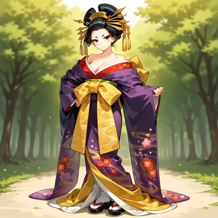 <lora:tamadayu-IL_v1:0.6>tamadayu-, nihongami, oiran, hair up hairstyle, BREAK
datehyogo, takashimada, BREAK
hair ornament, hair stick, kanzashi,  BREAK
topknot, BREAK
1girl, solo, black eyes, black hair, cleavage, looking at viewer, BREAK
japanese clothes, kimono, wahuku, black purple sleeves, long sleeves, gold line, BREAK
long skirt, gold line, BREAK
medium breasts, BREAK
geta,
standing,
master piece, beatuiful face, best quality,