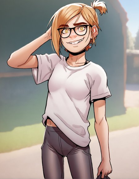 darcy, glasses, 1girl, short hair, blonde hair,yellow eyes,short ponytail,   teeth, looking at viewer, small breasts, solo,shirt, pants, outdoors,hand in hair, looking at viewer, cowboy shot, score_9, score_8_up, score_7_up, score_6_up, score_5_up, score_4_up,<lora:Darcy2.0Pony (1):1>,upper body,